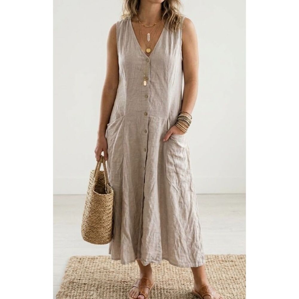 Tahari Womens 100% Linen Maxi Dress Boho Lagenlook Euro Summer Sustainable Clean